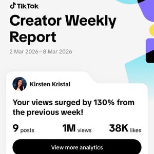May include: A TikTok Creator Weekly Report displays data from March 2nd to March 8th, 2026. The report shows 9 posts, 1M views, and 38K likes. The report also states that views surged by 130% from the previous week. The report is from Kirsten Kristal.