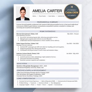 May include: A professional CV template for a cabin crew role featuring the name Amelia Carter, a headshot, and sections for professional summary, work experience, education, certifications, and core competencies with a gold badge icon.