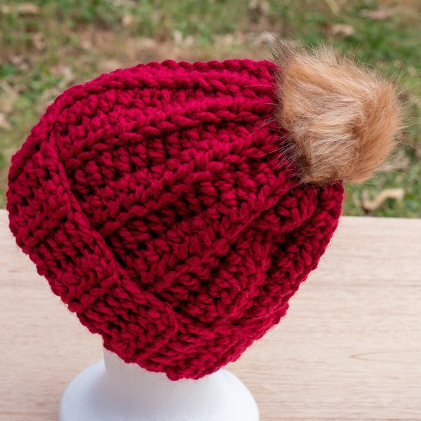 Super Chunky Crocheted Ski Beanie Hat with Faux Fur Pom Pom Dark Gray Burgundy Wine Red