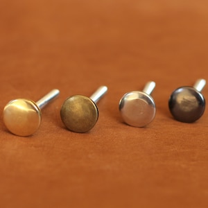 May include: Four metal tacks with different finishes: gold, brass, silver, and black. Each tack has a round head and a screw-like shank.