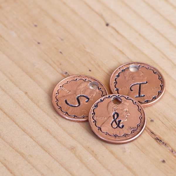 Monogram Necklace | Penny Necklace | Initas Necklace |Monogram Penny Charm | Letter Necklace | Shiny Hammered Penny | Hand Stamped Penny |