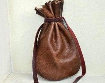 Leather Jewelry Pouch: Cognac Drawstring with Dark Brown Strap