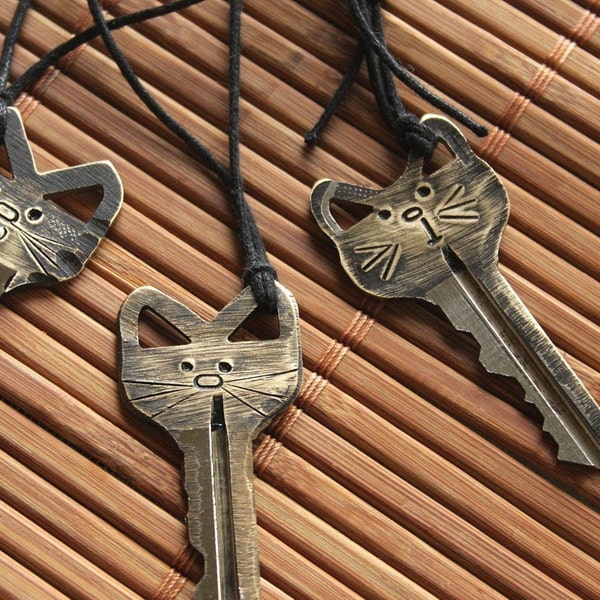 Cat Lover Necklace: Hand Stamped Key - Adjustable Cord Chain