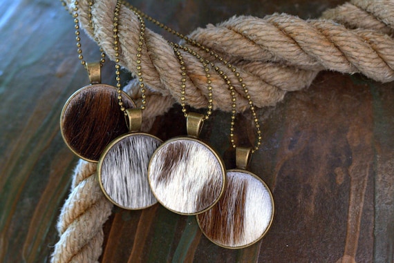 Cowhide Pendant Necklace: Western Style Leather (Antique Brass Chain)