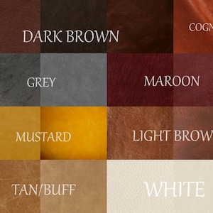 Op de afbeelding: Een kleurenkaart met 10 verschillende lederkleuren: cognac, donkerbruin, grijs, bordeaux, lichtbruin, mosterd, bruin/buffel en wit.