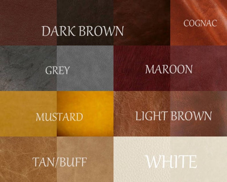 Op de afbeelding: Een kleurenkaart met 10 verschillende lederkleuren: cognac, donkerbruin, grijs, bordeaux, lichtbruin, mosterd, bruin/buffel en wit.
