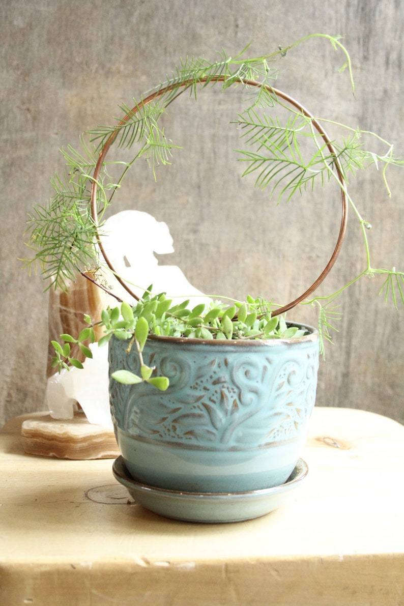 May include: A light blue ceramic planter with an ornate design, featuring a green plant growing inside and a copper wire hoop around the plant.