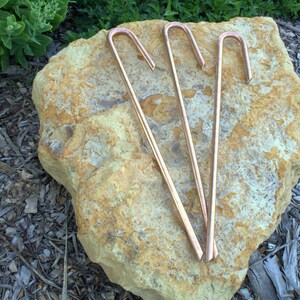 May include: Three copper garden stakes with a rounded top and a pointed bottom. The stakes are arranged in a V-shape on a large, flat rock.