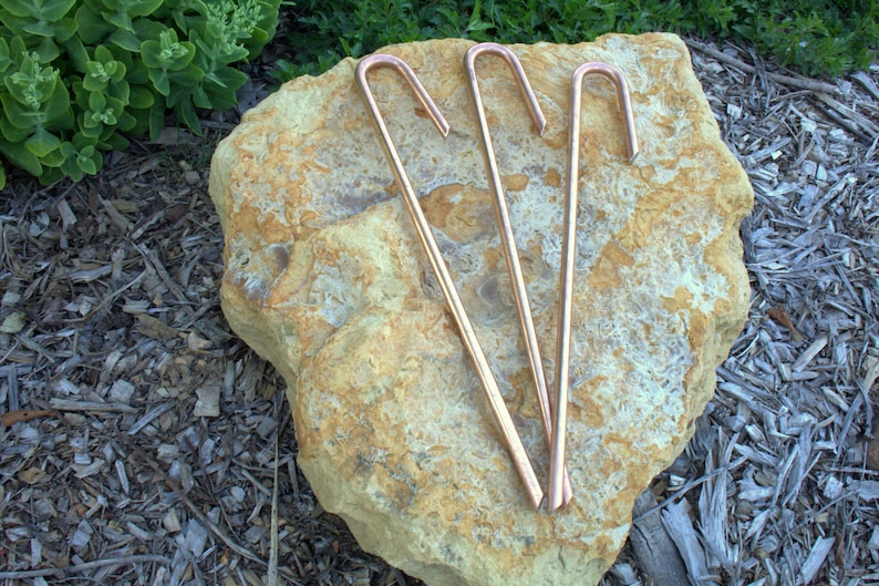 May include: Three copper garden stakes with a rounded top and a pointed bottom. The stakes are arranged in a V-shape on a large, flat rock.
