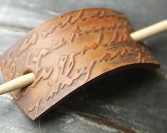 Romantic Hair Piece, Cursive Leather Hair Slide, LARP, Wedding Hair Styles, Bridal Hair, Bridesmaids Gift, Brown Tooled Leather, Hair Stick,