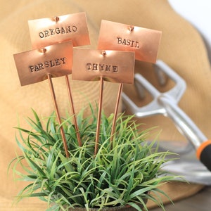 May include: Four copper plant markers with the words "Oregano", "Parsley", "Thyme", and "Basil" engraved on them. The markers are inserted into a small potted plant.
