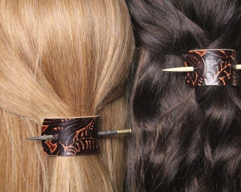 Boho Leather Hair Slide, Tooled Brown (Wood Stick Options)