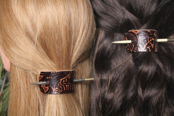 Boho Leather Hair Slide, Tooled Brown (Wood Stick Options)