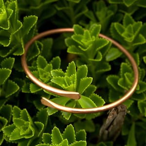 May include: A simple copper bangle bracelet with a slightly angled opening. The bracelet is photographed on a bed of green succulent plants.