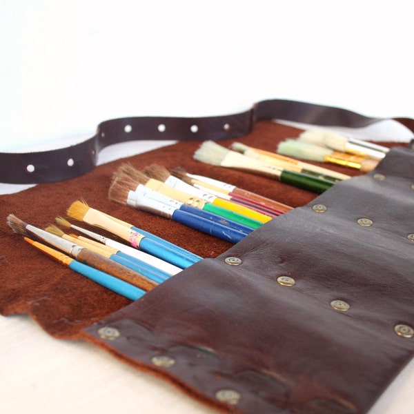 Leather Pencil Roll Case - Fold-Over Organizer for Art Supplies