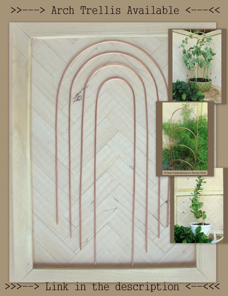 May include: A set of six copper arch trellises of varying sizes. The trellises are arranged in a row on a wooden background. The image also shows examples of the trellises being used to support plants.