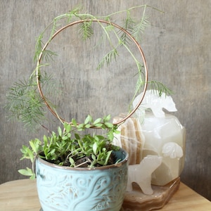 May include: A light blue ceramic planter with a decorative design, featuring a small plant growing inside and a copper wire hoop with a vine growing around it. The planter is sitting on a wooden surface with a white alabaster sculpture next to it.