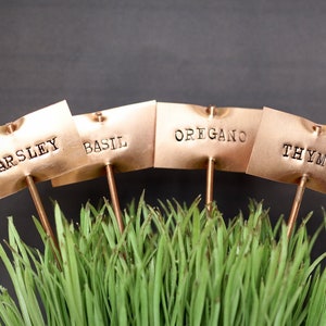 May include: Four copper plant markers with the words "Parsley", "Basil", "Oregano", and "Thyme" engraved on them. The markers are stuck into a pot of green grass.