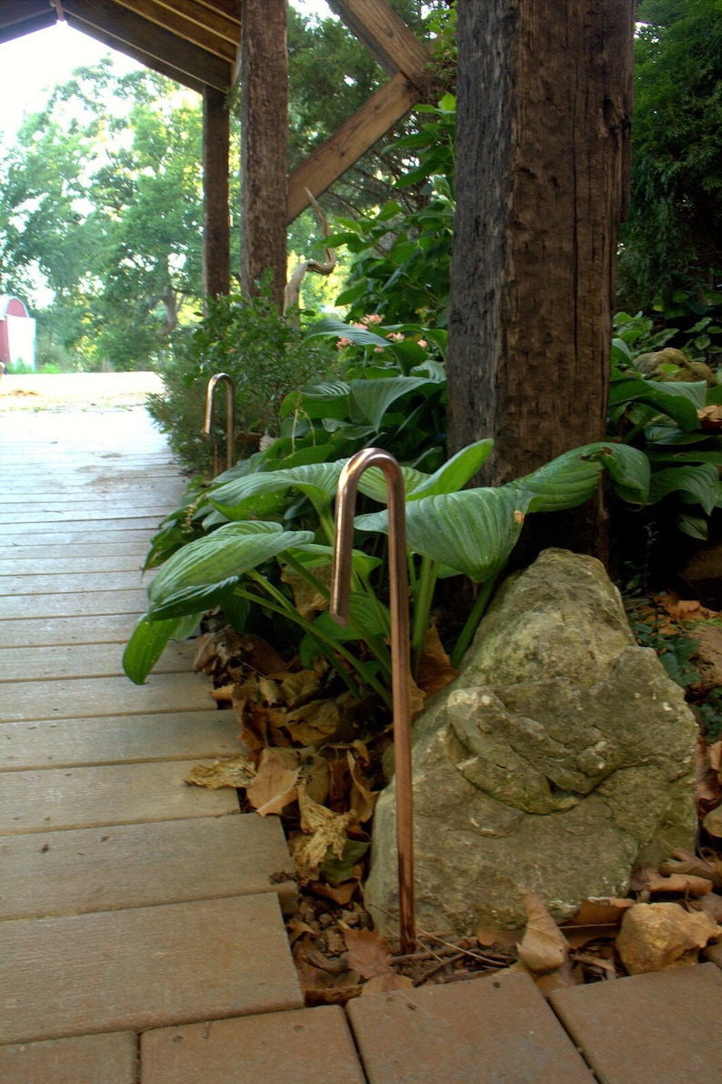 May include: A close-up of a copper garden path light, with a curved top, set in a bed of green hosta plants. The light is partially obscured by a large, gray rock.
