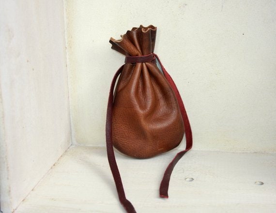 Blue Drawstring Leather Pouch Bag - Qisabags Without Chain / Brown