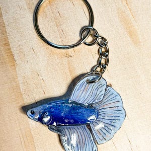 May include: A keychain featuring a betta fish charm with a deep blue body and light blue, translucent-looking fins. The fish is attached to a standard circular silver-toned metal split ring by a short silver-toned metal chain link connector.