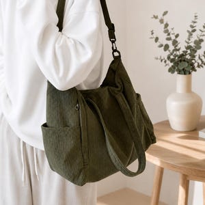 Borsa tote in velluto a coste da donna, borsa a tracolla con molteplici tasche, borsa a spalla