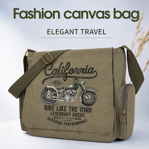 May include: Olive green canvas messenger bag with a motorcycle graphic. The bag features the word "California" and the text "Ride Like The Wind". It has a shoulder strap and a side pocket with a zipper.