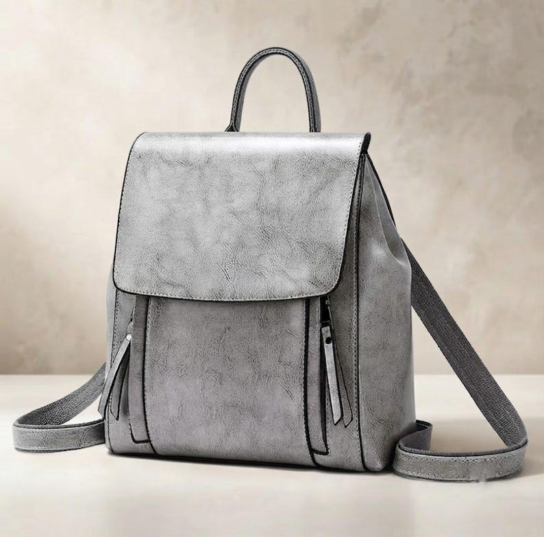 Ryggsäck i läder för kvinnor, axelremsväska, ryggsäck i äkta läder, dagsryggsäck för skolböcker och laptop Grey