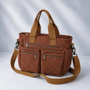 Corduroy Tote Bag, Multi Pocket Laptop Shoulder Bag, Everyday Purse