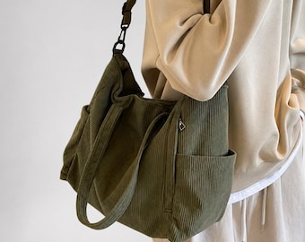 Sac fourre-tout en velours côtelé avec poches, Sac fourre-tout en velours côtelé pour femme, Sac fourre-tout à fermeture éclair, Sac à bandoulière, Sac esthétique de tous les jours