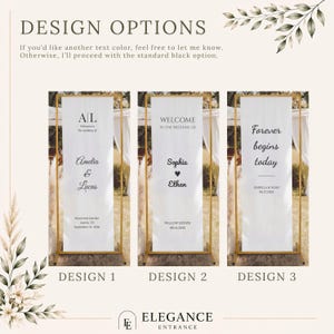 May include: Three wedding banner design options. Each banner is white with gold framing. Design 1 has the initials "AL", the names "Amelia & Lucas", and the wedding date. Design 2 says "Welcome to the wedding of Sophia & Ethan". Design 3 says "Forever begins today".