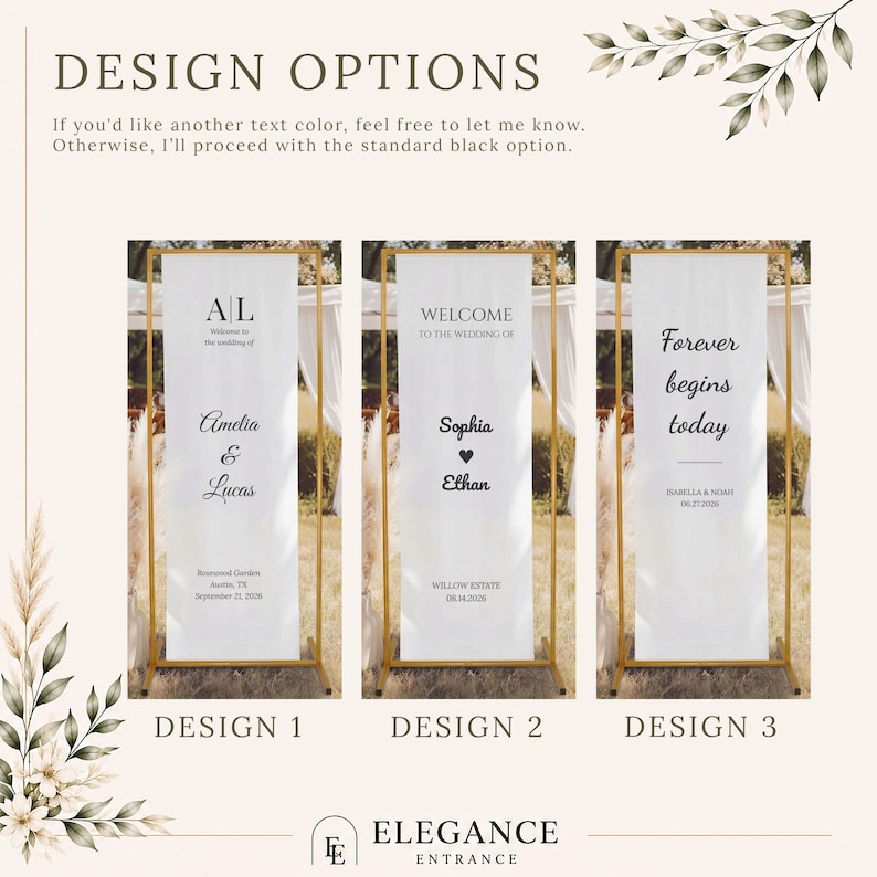 May include: Three wedding banner design options. Each banner is white with gold framing. Design 1 has the initials "AL", the names "Amelia & Lucas", and the wedding date. Design 2 says "Welcome to the wedding of Sophia & Ethan". Design 3 says "Forever begins today".