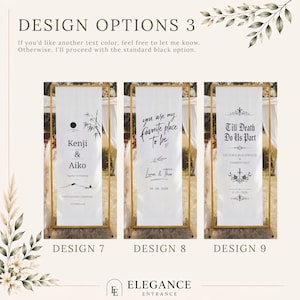 May include: Three wedding banner design options. Each banner is white with black text and gold frames. Design 7 features names and a ceremony date. Design 8 says "you are my favorite place to be". Design 9 says "Till Death Do Us Part".