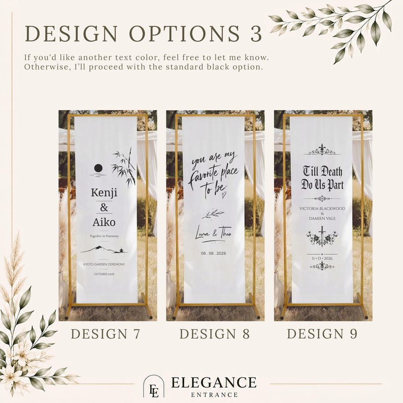 May include: Three wedding banner design options. Each banner is white with black text and gold frames. Design 7 features names and a ceremony date. Design 8 says "you are my favorite place to be". Design 9 says "Till Death Do Us Part".