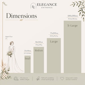 May include: An illustration with the text "ELEGANCE ENTRANCE" and "Dimensions." It features a bride and size guides for wedding signage: Small (35x100cm/13.7x39.4in), Medium (50x150cm/19.6x59in), Large (75x200cm/29.5x78.7in), and X-Large (100x300cm/39.4x118.1in).