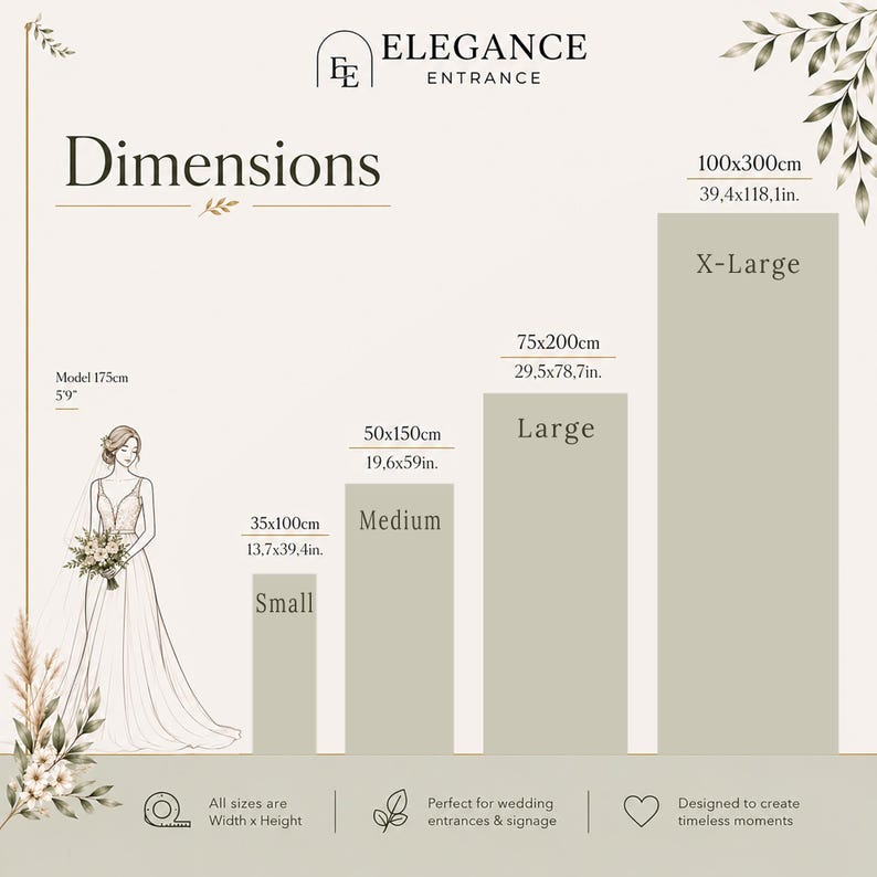 May include: An illustration with the text "ELEGANCE ENTRANCE" and "Dimensions." It features a bride and size guides for wedding signage: Small (35x100cm/13.7x39.4in), Medium (50x150cm/19.6x59in), Large (75x200cm/29.5x78.7in), and X-Large (100x300cm/39.4x118.1in).