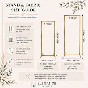 May include: A gold metal stand size guide with two options: Medium (150cm/59.05in) and Large (180cm/70.86in). The Medium stand is 60cm/23.62in wide and includes a 50x150cm fabric. The Large stand is 80cm/31.49in wide and includes a 75x200cm fabric.