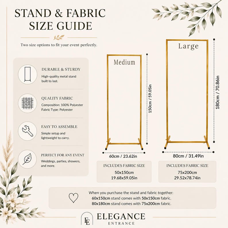 May include: A gold metal stand size guide with two options: Medium (150cm/59.05in) and Large (180cm/70.86in). The Medium stand is 60cm/23.62in wide and includes a 50x150cm fabric. The Large stand is 80cm/31.49in wide and includes a 75x200cm fabric.