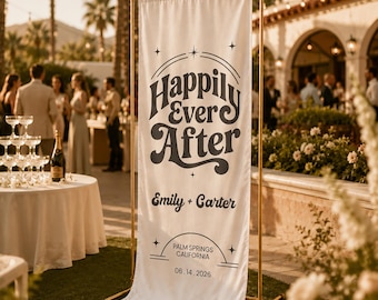 Retro Wedding Banner Sign, Happily Ever After Fabric Backdrop, Custom Couple Name Sign, Boho Wedding Decor, Personalized Reception Banner