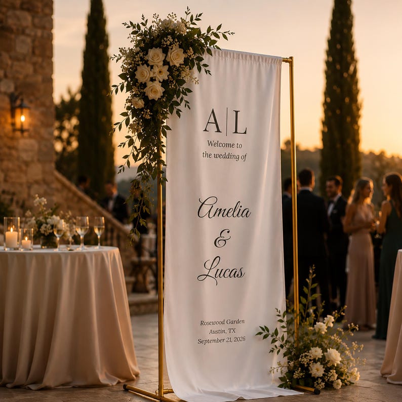 May include: A white wedding welcome sign with gold frame, adorned with floral arrangements. The sign reads "Welcome to the wedding of Amelia & Lucas" with the date and location. The sign is set up outdoors at a wedding reception.