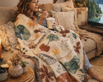 Boho Earth Tone Woven Blanket, Rustic Abstract Leaf Throw, Cozy Neutral Farmhouse Decor