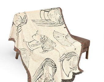 Abstract Female Line Art Woven Blanket, Boho Face Drawing Throw, Minimalist Sketch Home Decor