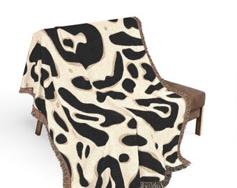 Abstract Cow Print Woven Blanket, Modern Leopard Style Throw, Beige Black Cotton Home Decor