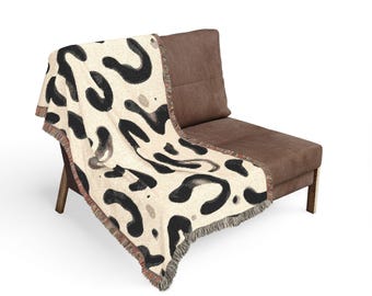Woven Cotton Abstract Cow Print Blanket, Neutral Beige Black Throw, Boho Chic Couch Decor