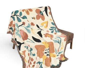 Scandinavian Floral Woven Blanket, Folk Art Boho Botanical Throw, 100% Cotton Home Decor