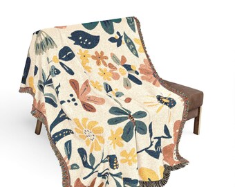 Woven Floral Throw Blanket, Scandinavian Botanical Design, 100% Cotton, Boho Home Decor