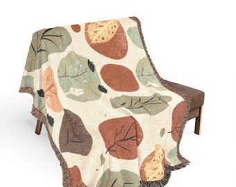 Woven Cotton Blanket, Earth Tone Abstract Leaf Pattern Throw, Boho Farmhouse Decor