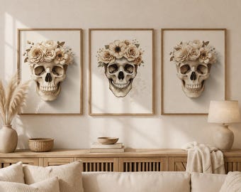 Floral Skull Wall Art Set, Boho Neutral Beige Gothic Prints (Digital Download)