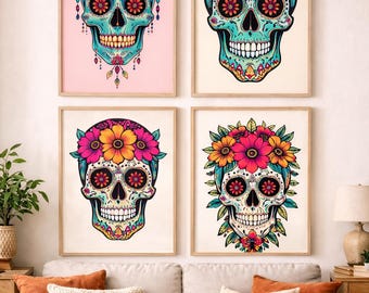 Colorful Skull Wall Art Set of 4, Floral Sugar Skull Prints, Day of the Dead Poster Bundle, Boho Decor, Printable Art