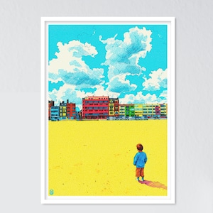 Poster van Malo-les-Bains (Dunkirk), illustratie van een strand aan de Opaalkust, wanddecoratie met zeegezicht, kleurrijke poster uit het noorden, kunstprint